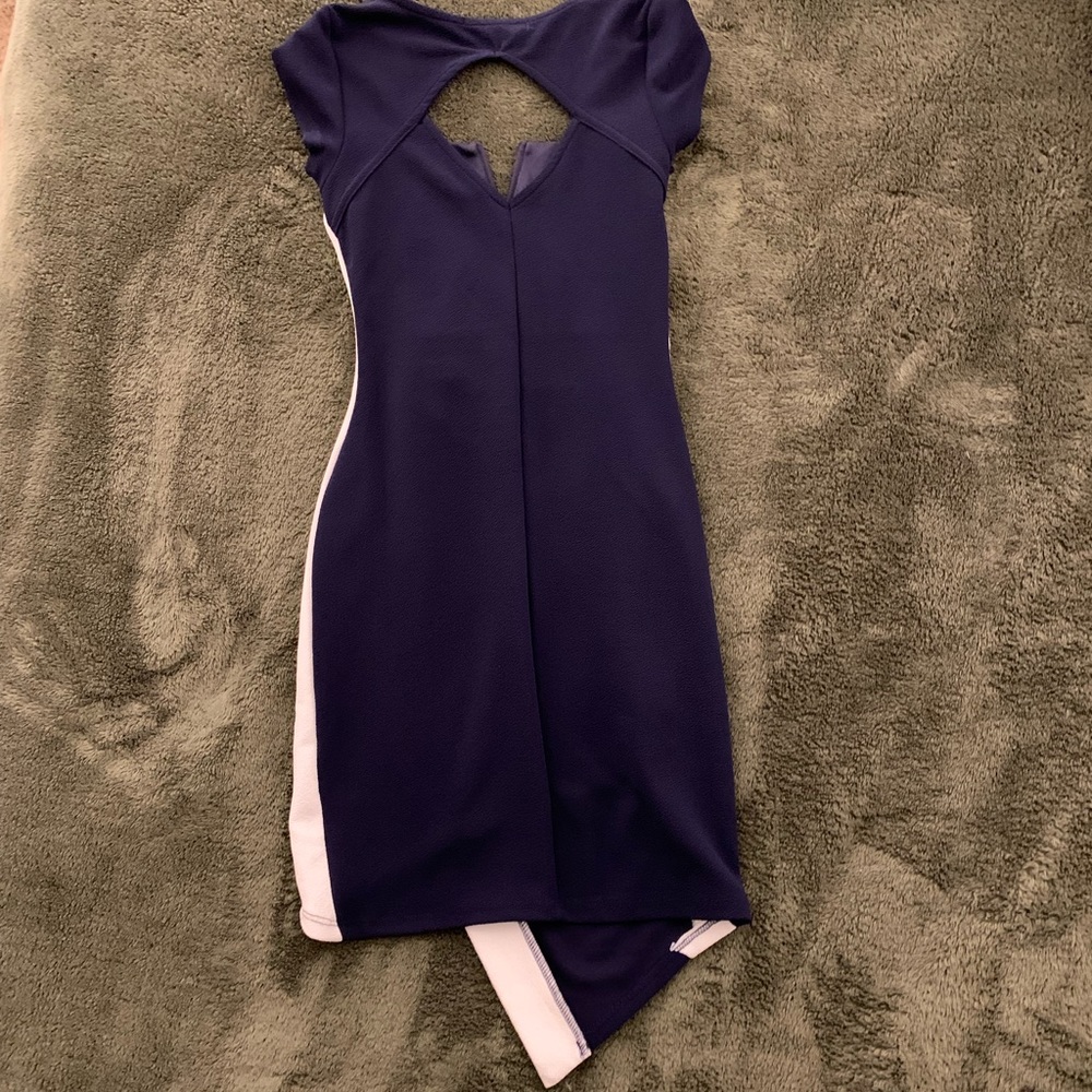 Macy’s Navy Asymmetrical Cutout Bodycon Dress Size XS - Picture 2 of 5
